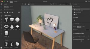 A clean creative workspace featuring 3D graphics software on a computer monitor.