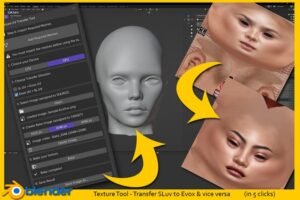 A creative workspace showing Blender software used for designing 3D Second Life content.