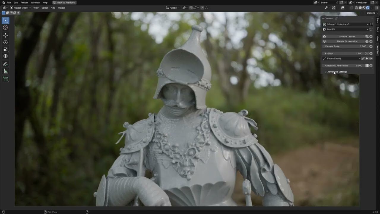 A digital artist works on a 3D architectural render in Blender at a desk.