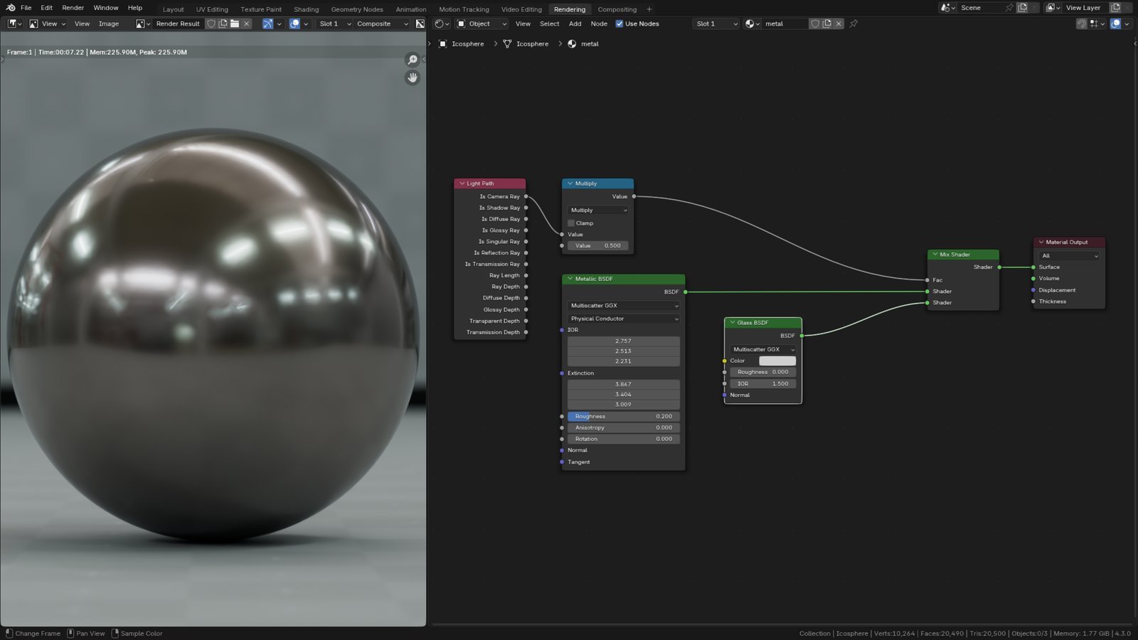 A high-quality metallic sphere showcasing the best blender shader for metal textures.