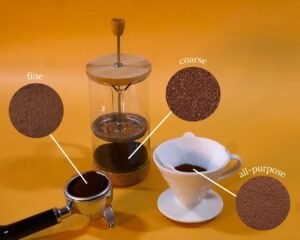 A professional setup for making fresh ground coffee on a clean kitchen counter.