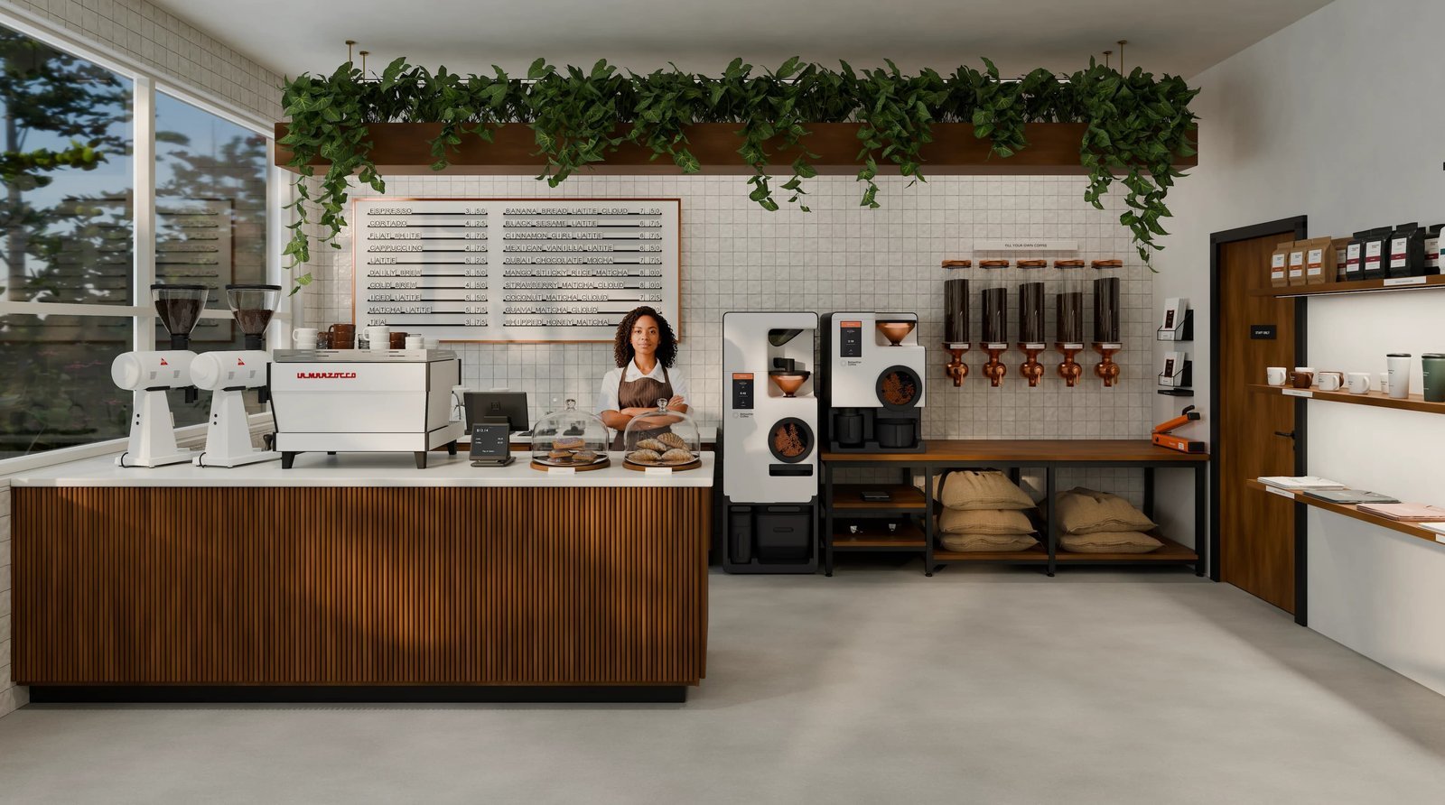 A barista engaging with customers while answering common questions about coffee roasting.