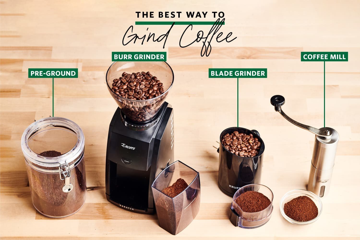 Essential coffee brewing tools including a burr grinder and whole roasted coffee beans.