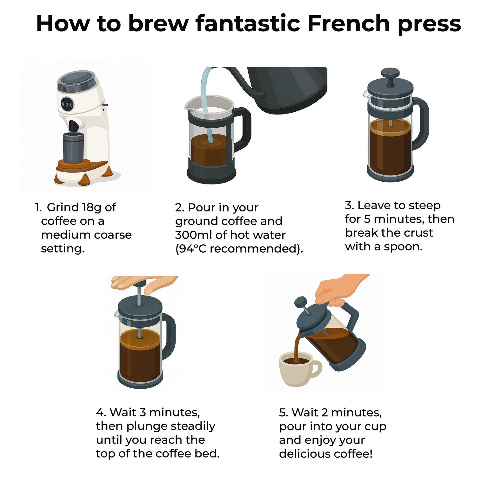 Carefully pouring coffee from a French press while leaving grounds at the bottom.