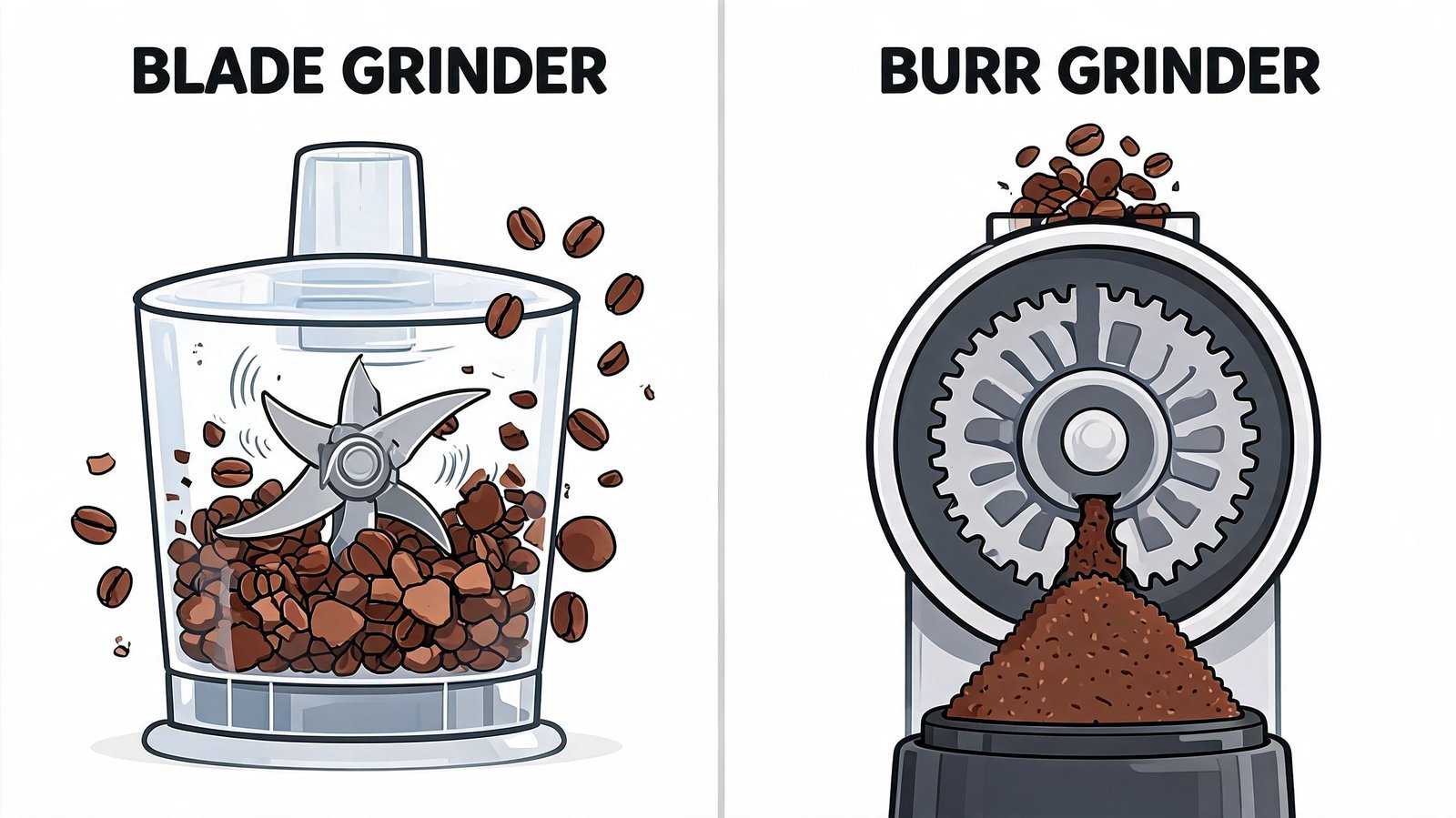 Different coffee grind sizes arranged neatly on a wooden table for brewing analysis.