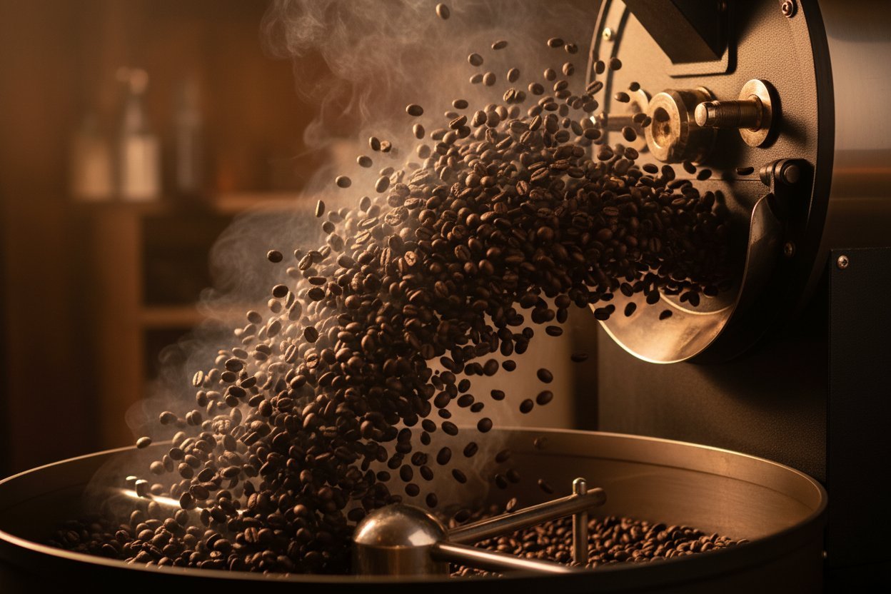 An assortment of coffee storage canisters and freshly ground coffee on a kitchen counter.