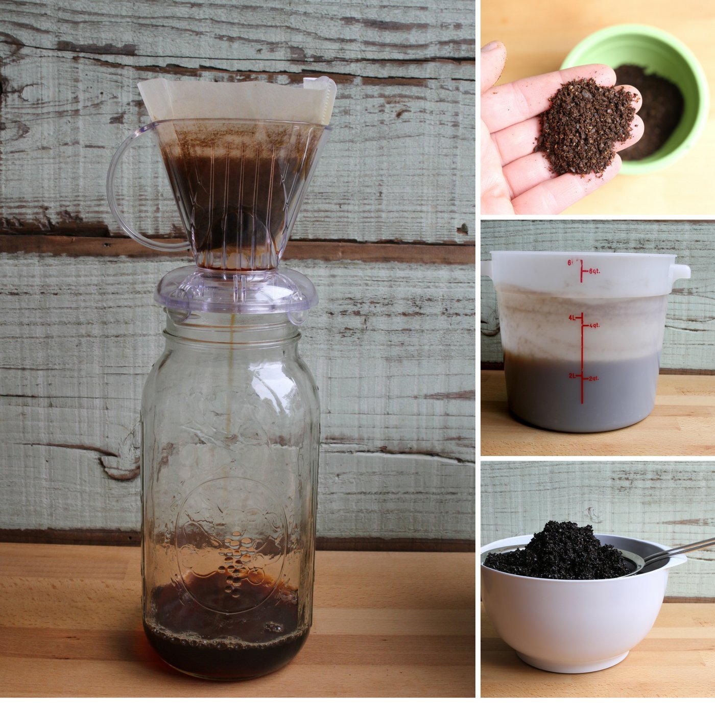 A person holding a glass of cold brew coffee in a modern kitchen.