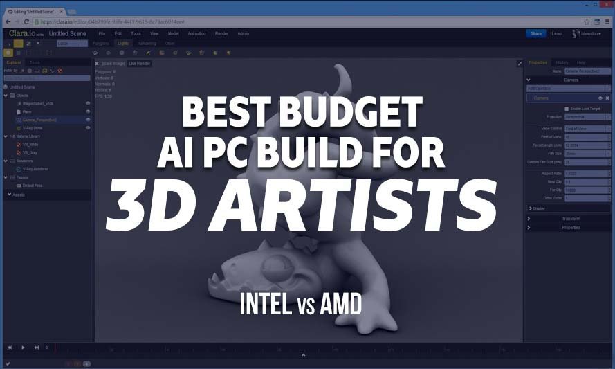 A modern 3D artist workstation with dual monitors displaying complex digital 3D models.