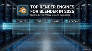 A professional 3D artist workspace featuring a complex Blender render on a computer monitor.