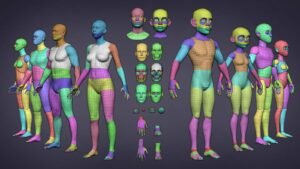 A professional 3D character mesh display showing clean topology in a bright design studio.