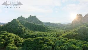 A professional digital workspace displaying a realistic nature scene created with Blender addons.