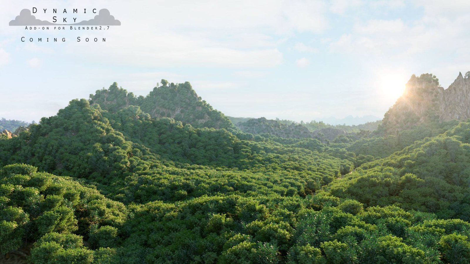 A professional digital workspace displaying a realistic nature scene created with Blender addons.