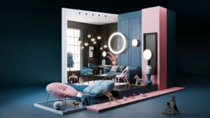 A professional interior designer using Blender to model a space with online design resources.