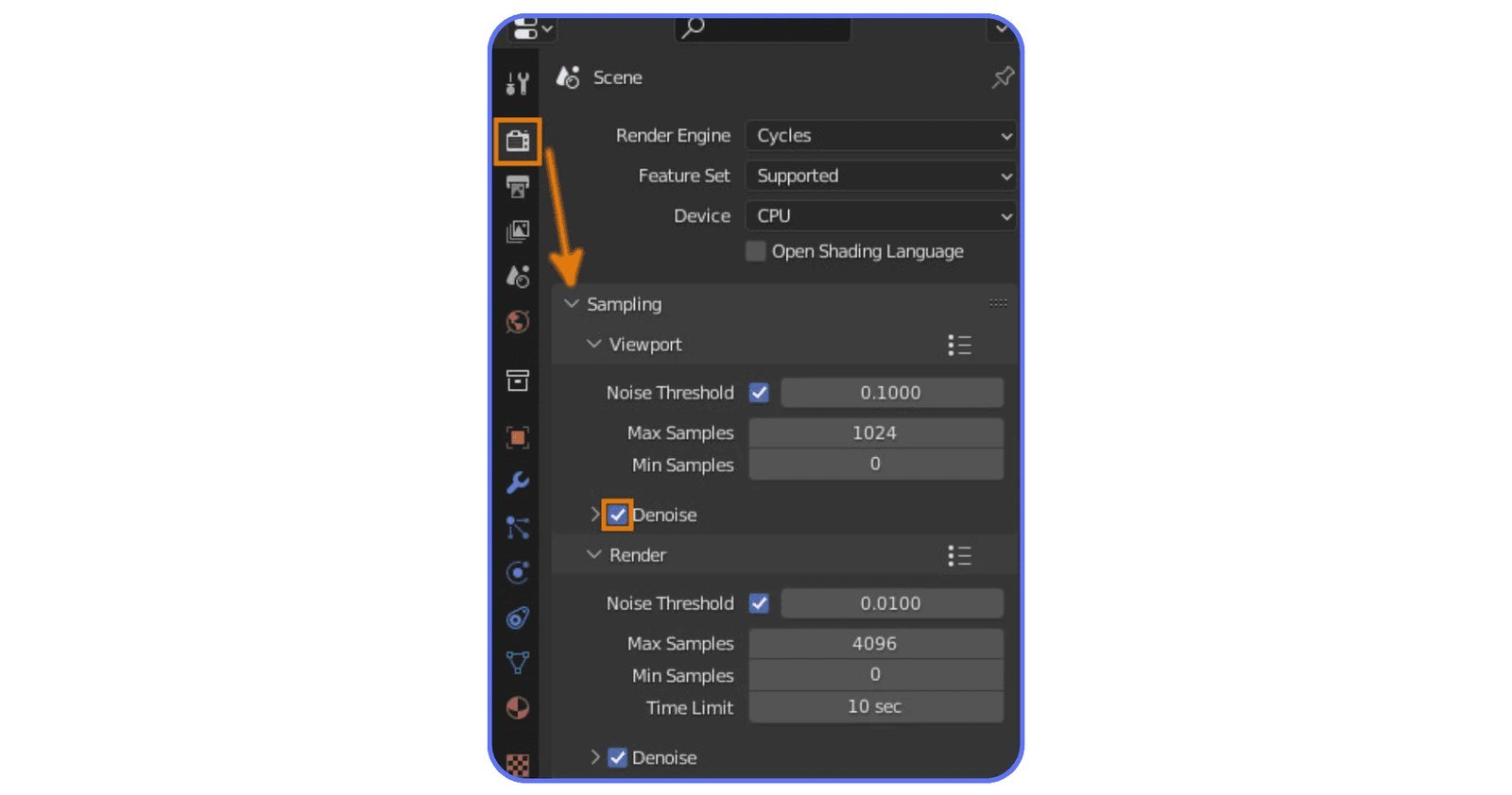A professional workstation computer displaying high quality 3D render settings for Blender.