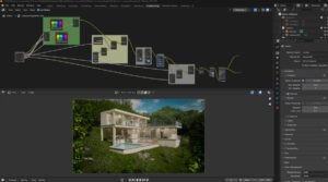 A professional workstation displaying advanced 3D software for video compositing in a modern studio.