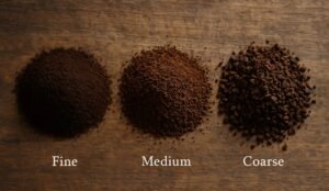 A pile of finely ground coffee beans rests on a white marble surface.
