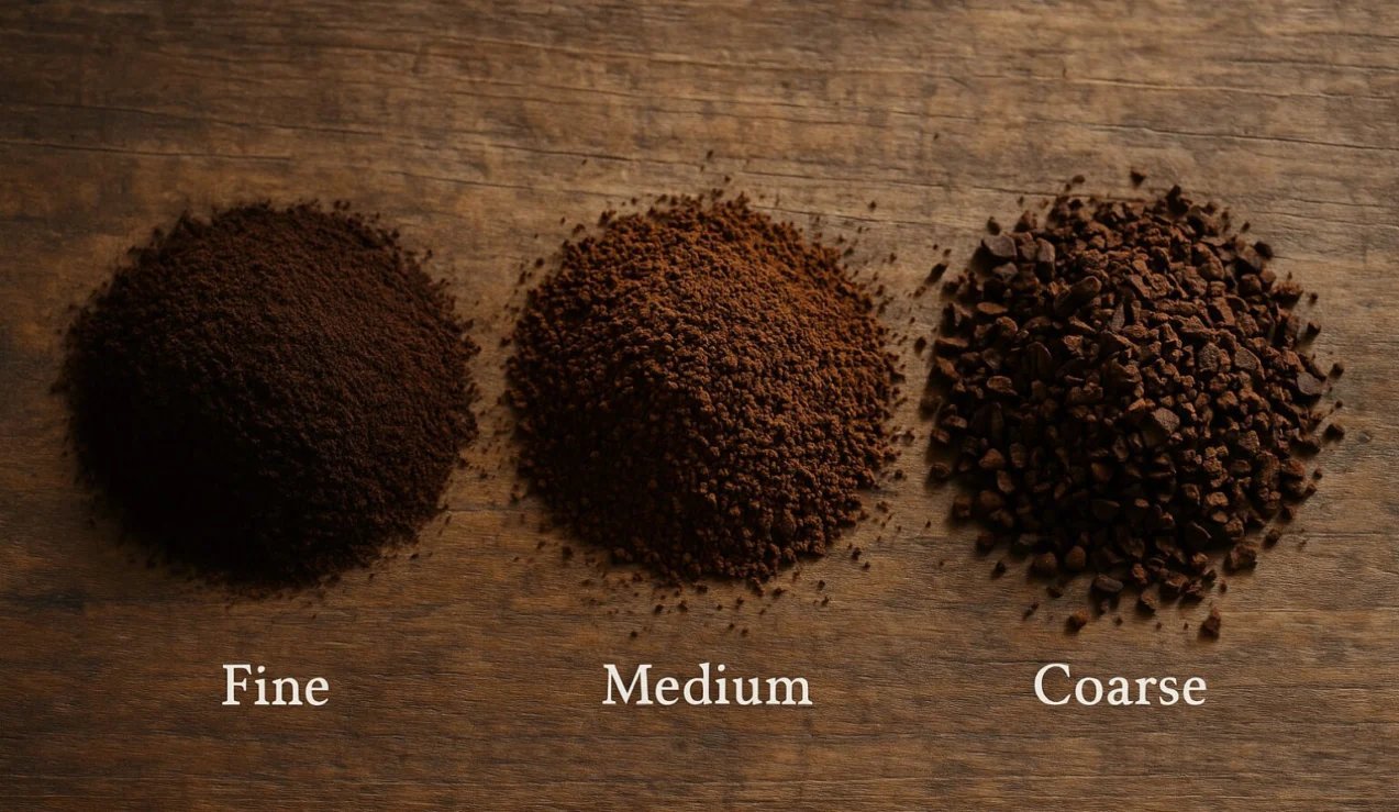 A pile of finely ground coffee beans rests on a white marble surface.