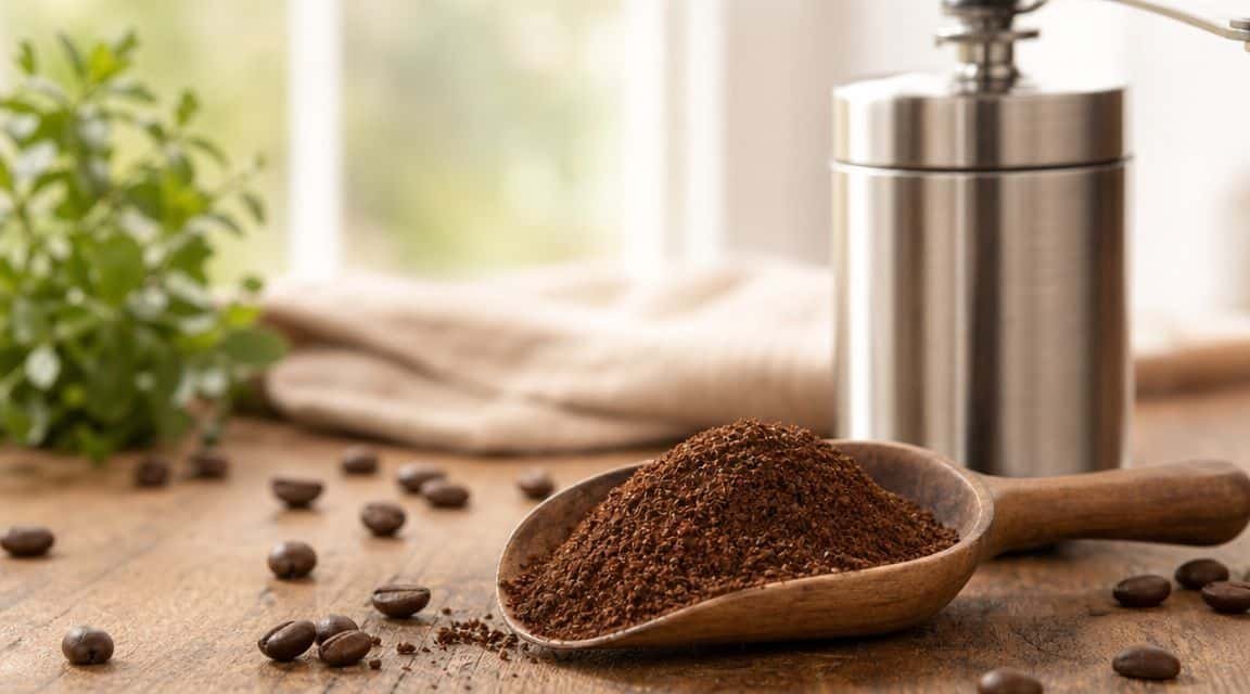 A burr grinder and digital scale set up for measuring coffee beans.