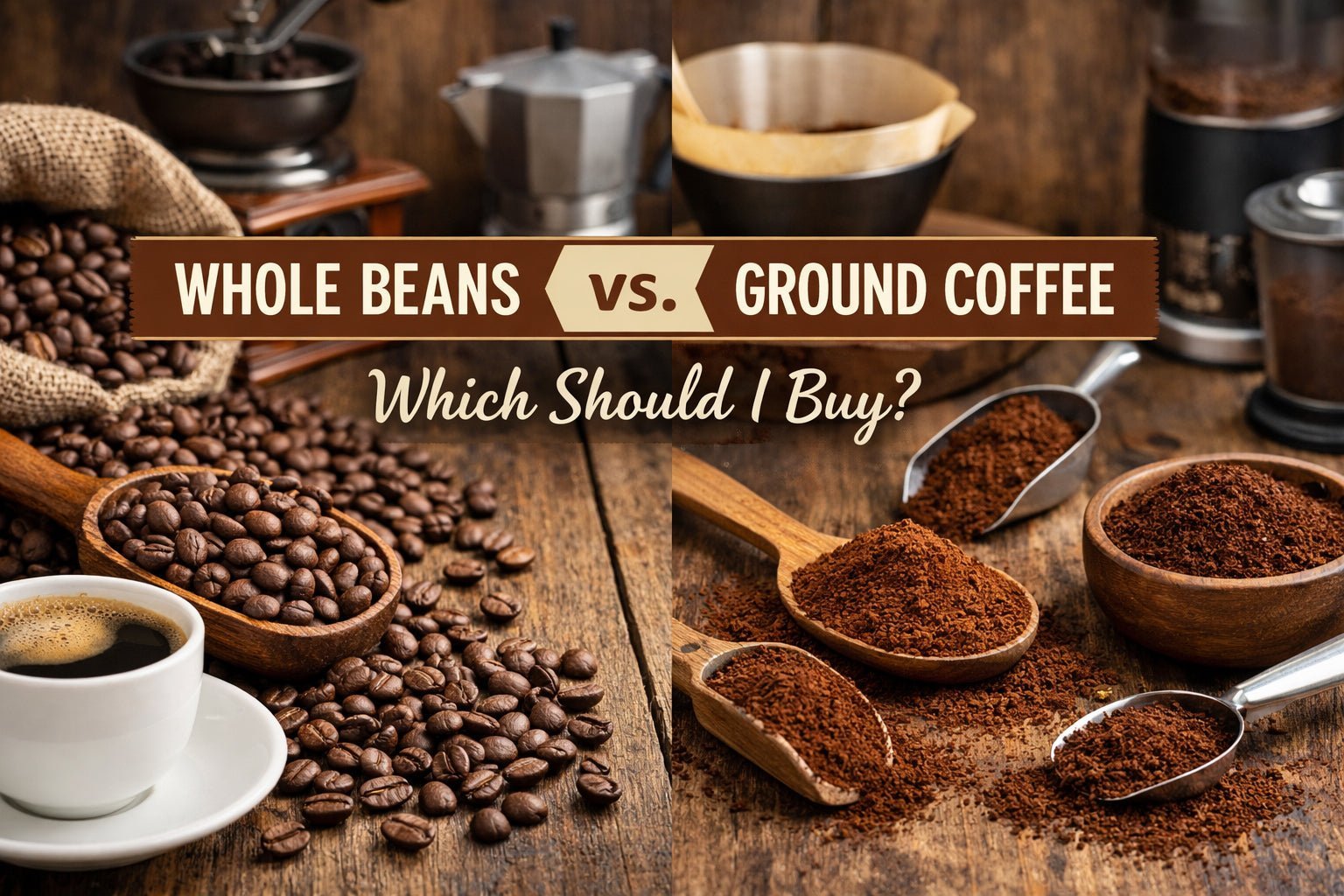 Preparation tools for both pre-ground coffee and whole bean coffee on a table.