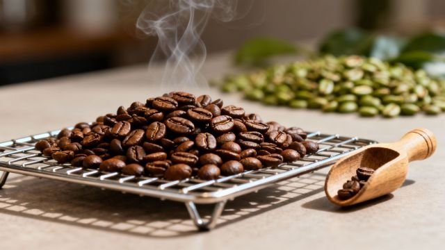 A cup of coffee on a desk near a coffee scale.