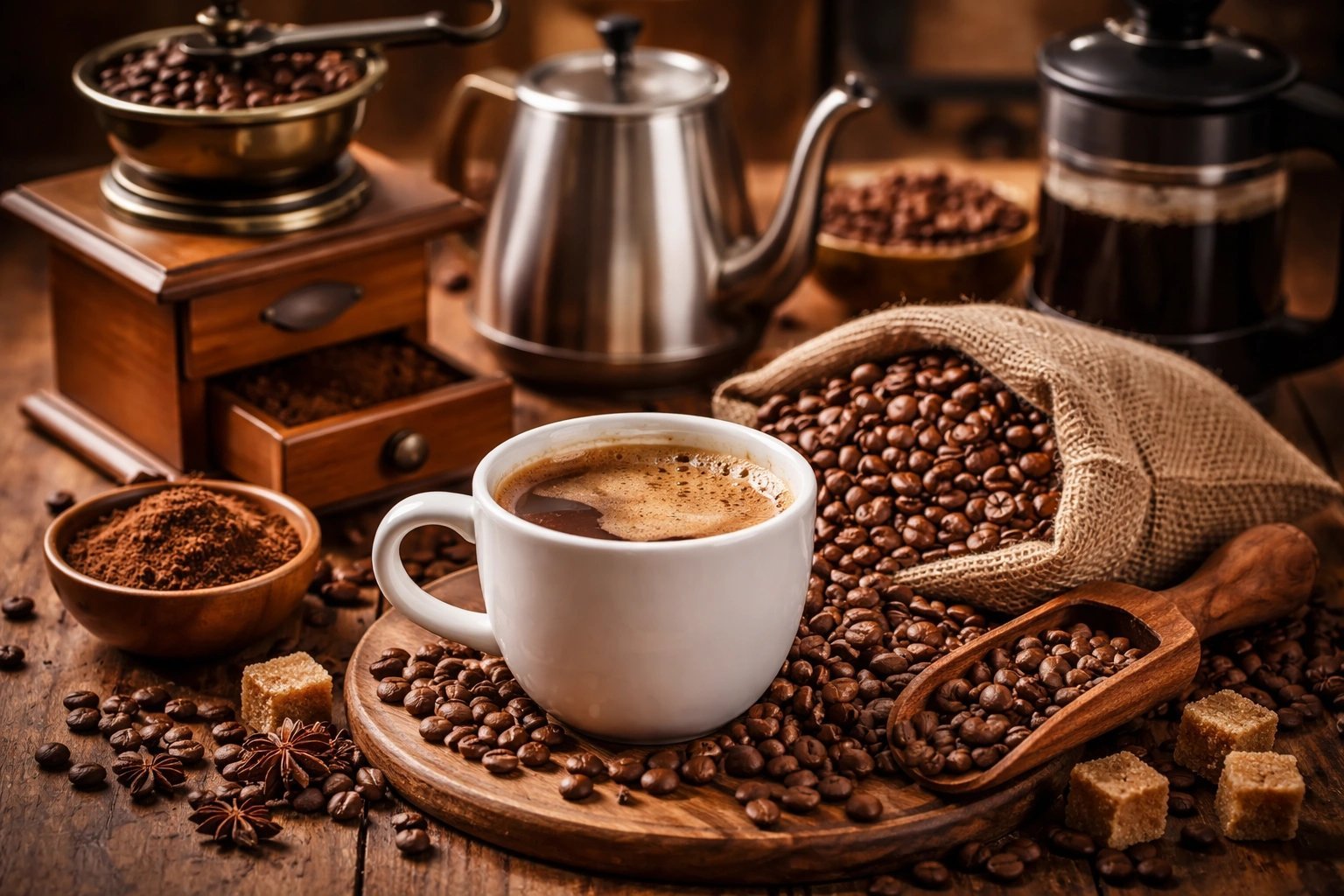 A warm cup of medium roast coffee on a wooden table in Murphy.