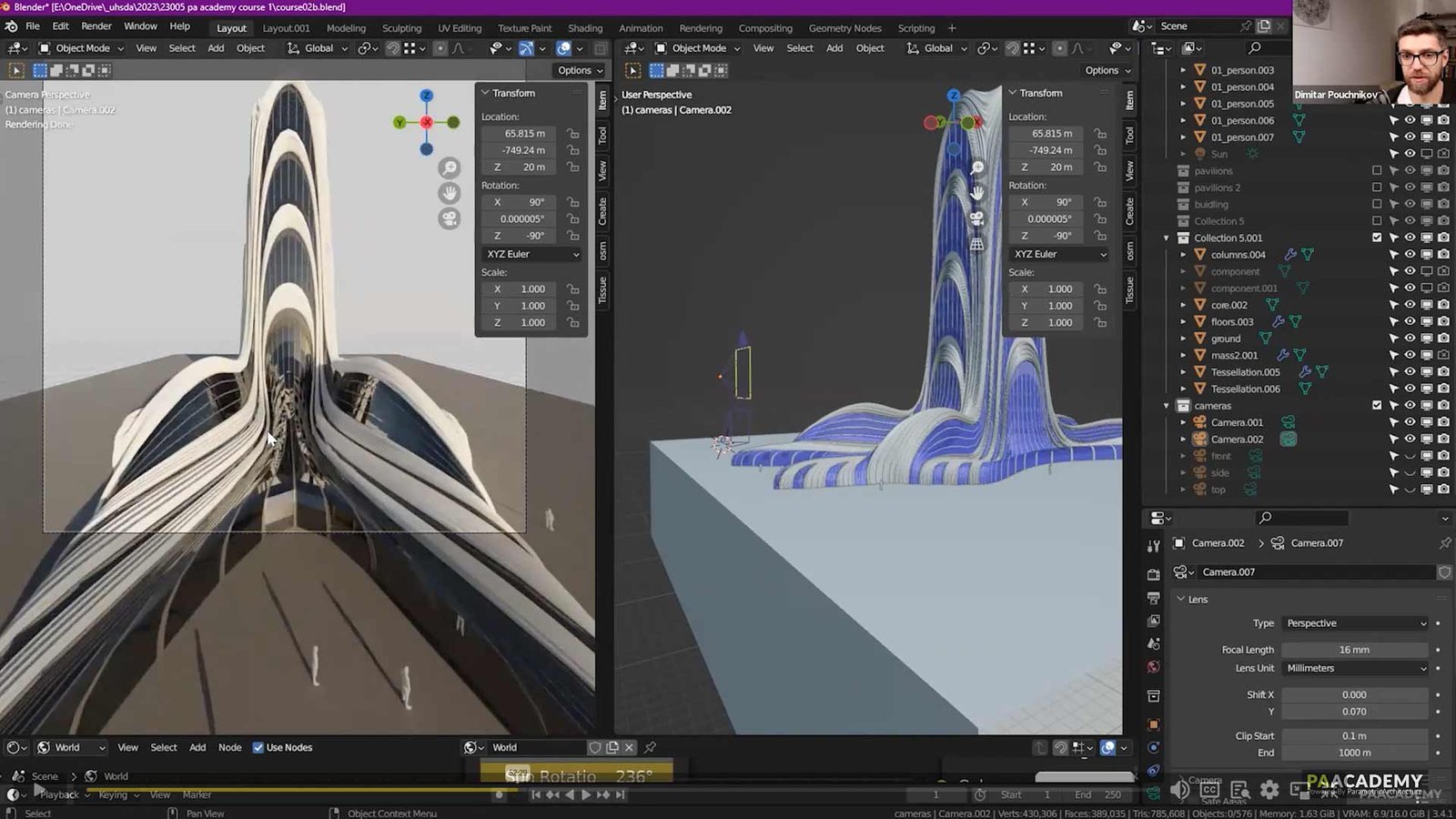 A digital artist working on a 3D sketch using Blender on a modern computer monitor.
