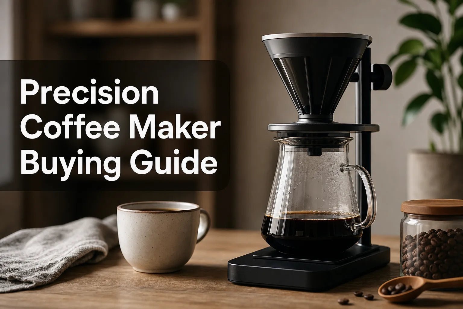Four different coffee makers lined up on a marble kitchen countertop.