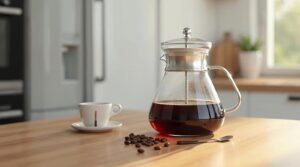 A glass carafe of brewed coffee resting near an open refrigerator.