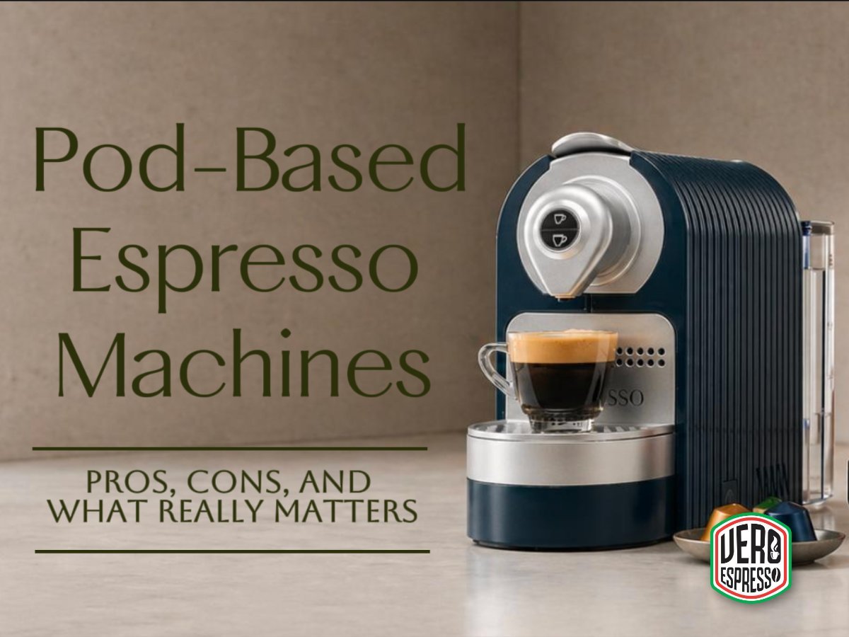 Modern coffee pod machine on white quartz countertop in bright minimalist kitchen