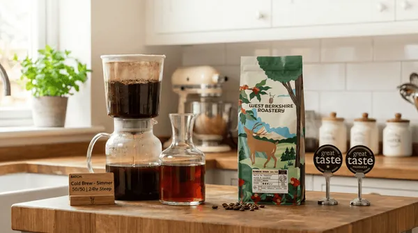Pitcher of cold brew coffee steeping beside a small timer on wood.