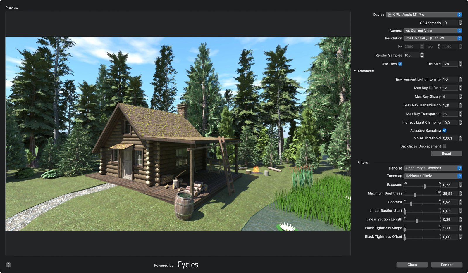 A professional workstation displaying a realistic 3D nature render in Blender software.