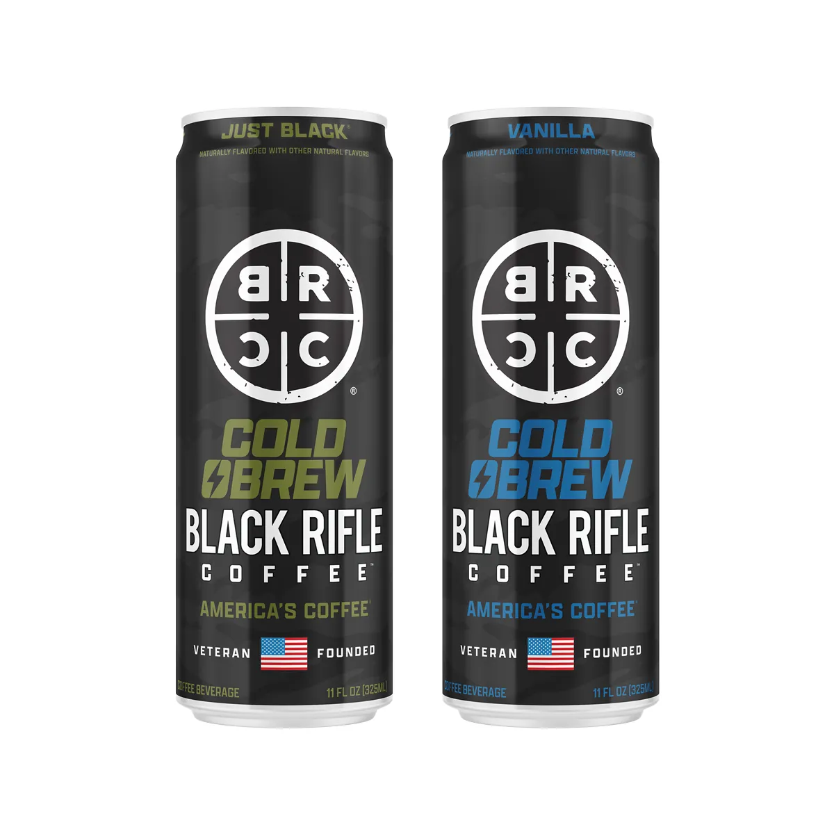 Sealed glass jars of Black Rifle cold brew stored inside a refrigerator.