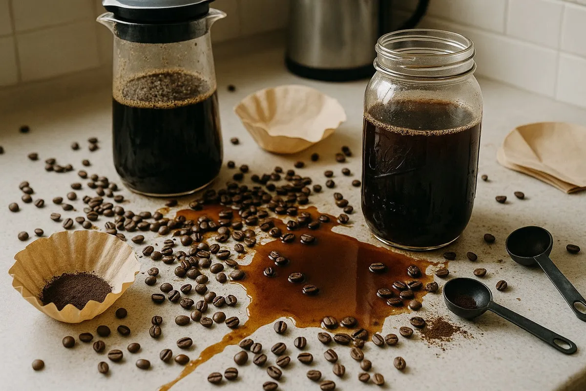 Spoiled cold brew with mold in glass jar on counter